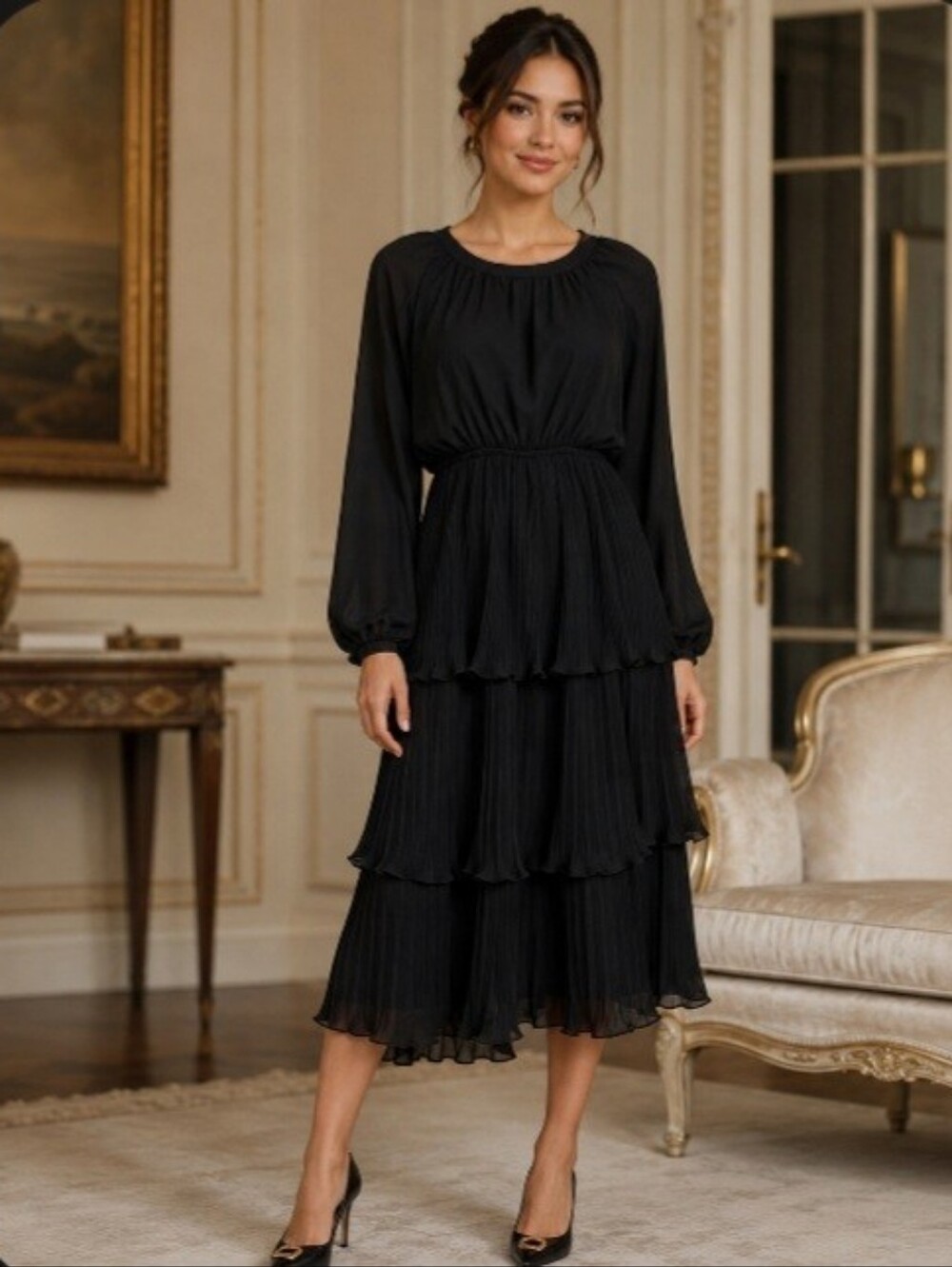 Xisoxu Black Chiffon Tiered Long Sleeve Flowy Elegant Cocktail Dress NWOT Small
